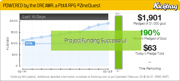 POWERED by the DREAMR, a PbtA RPG #ZineQuest -- Kicktraq Mini